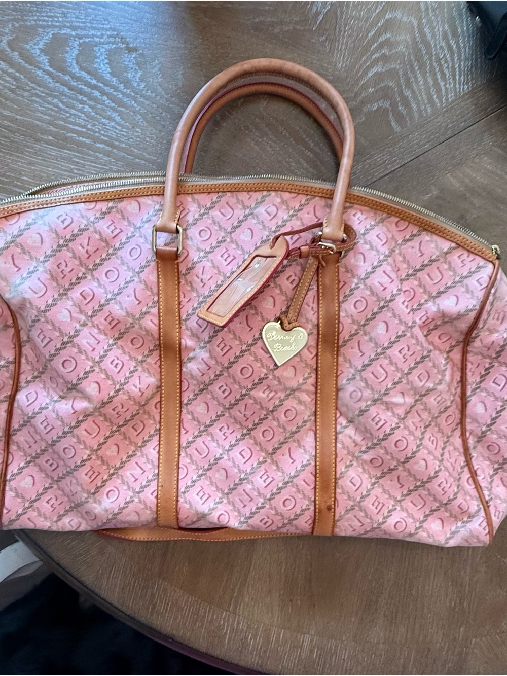 Dooney & Bourke Pink Signature Logo Travel Tote with Tan Trim